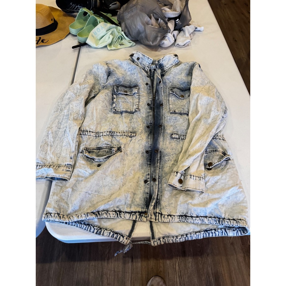 Hayden Los Angeles Acid Wash Denim Utility Jacket Womens Large Light Blue Coat